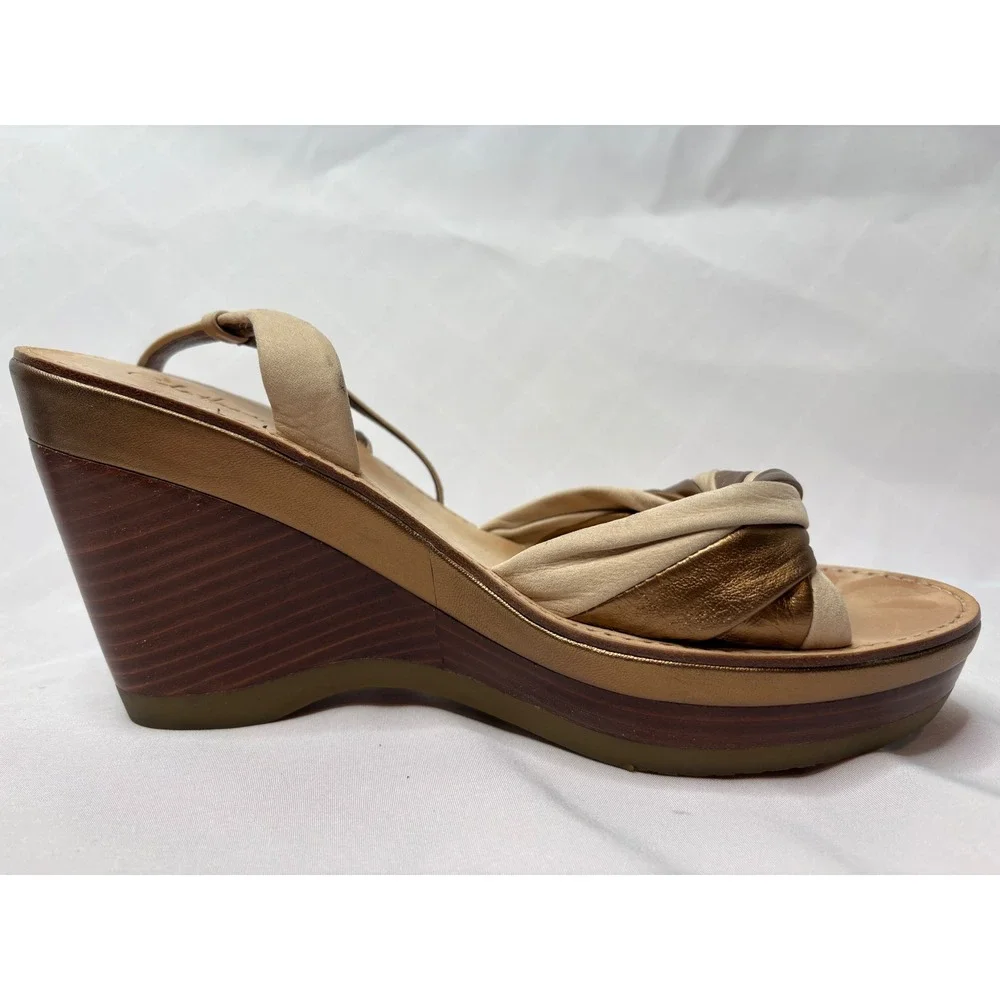 COLE HAAN Tan Bronze Metallic Nike Air Twisted‎ Strap Wedge Sandals Sz 10 Boho